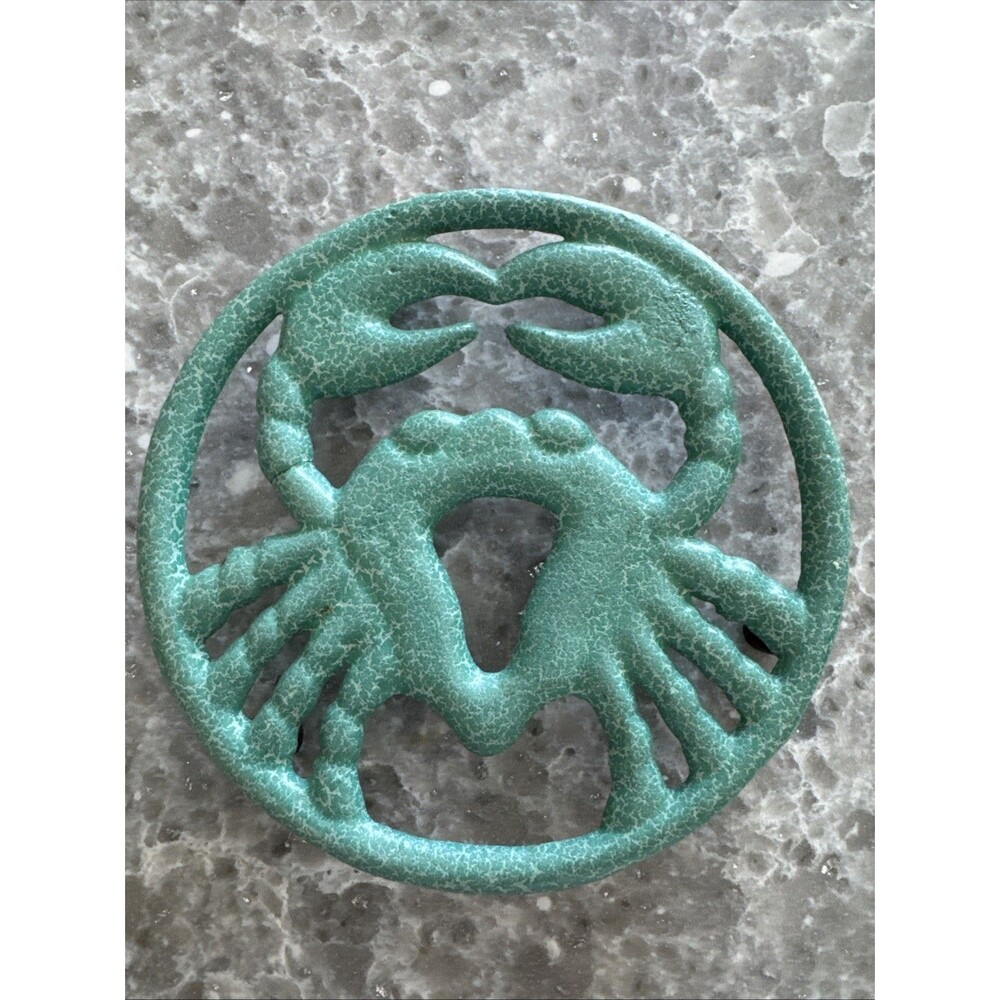 Crab Green Enameled Cast Iron Hot Plate Trivet Round Beach Coastal 5"